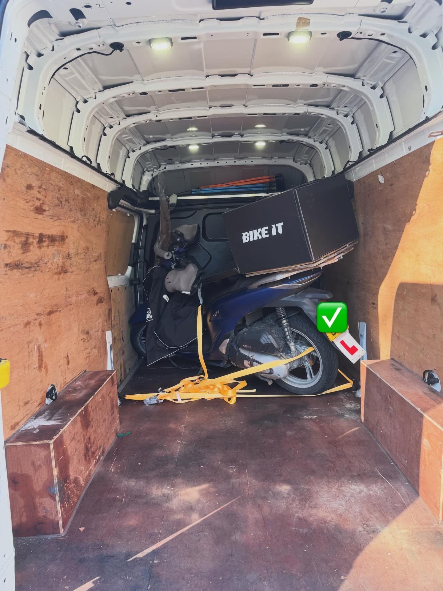 BIKE IT top-case and scooter strapped in the van