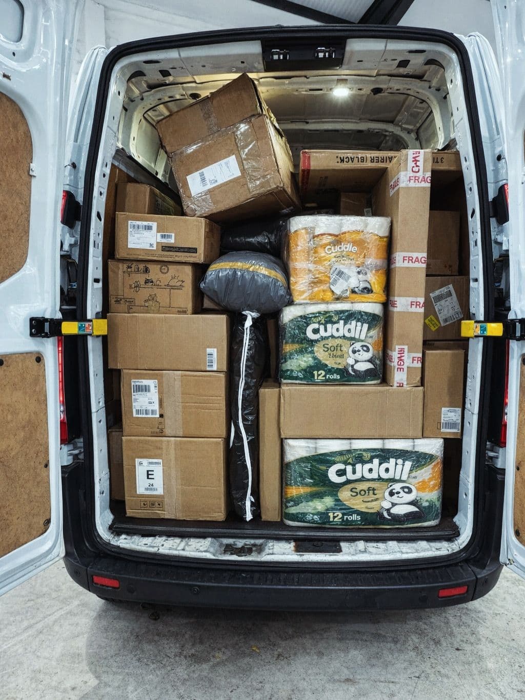 Van packed with household goods and retail stock for a same-day delivery